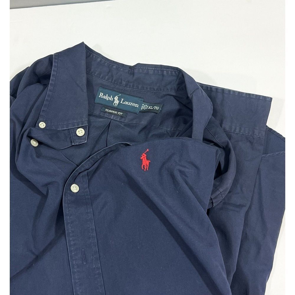 Ralph Lauren Men's XL Navy Button Up LS Shirt Classic Fit Red Logo EUC